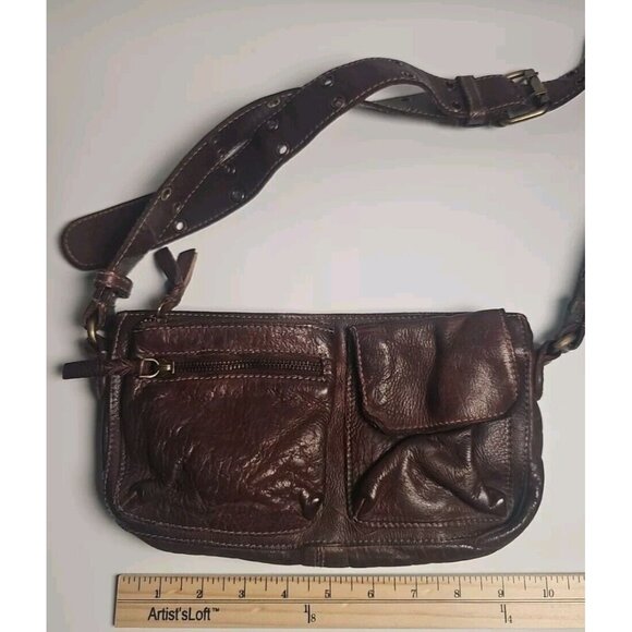 Soft Leather FREE PEOPLE Wade Brown Leather Sling Crossbody Bag Grommets - Picture 10 of 13